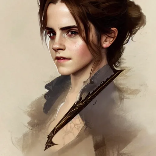 Image similar to emma watson as a bard, d & d, fantasy, intricate, elegant, highly detailed, digital painting, artstation, concept art, matte, sharp focus, illustration, art by greg rutkowski and alphonse mucha