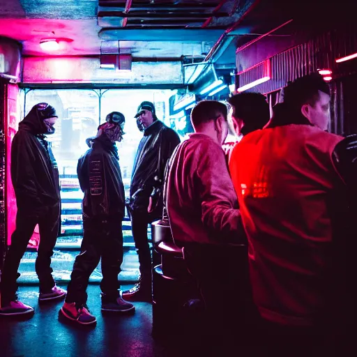 Image similar to photograph of retro techwear people loitering near the bar of a packed busy rundown nightclub, retrofuturism, brutalism, cyberpunk, sigma 85mm f/1.4, 35mm, 4k, depth of field, high resolution, 4k, 8k, hd, highly detailed, full color