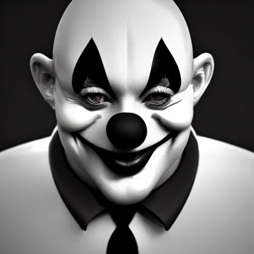 Image similar to a monochrome clown, 3d model, octane, realistic lighting, dynamic reflections