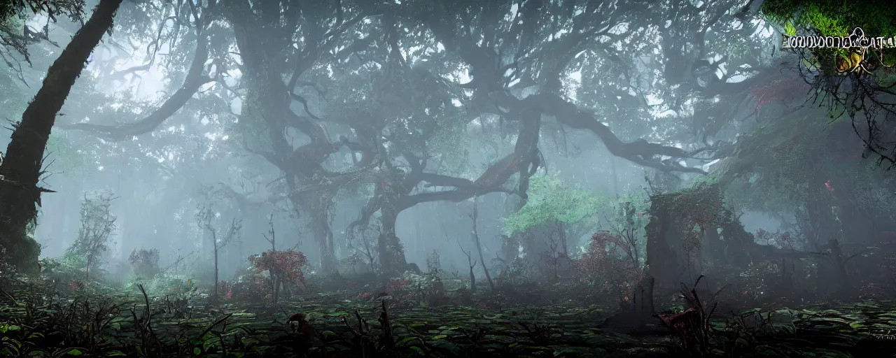 Image similar to a stunning wide shot view of a mythical rainforest, colorful trees, screenshot from bloodborne