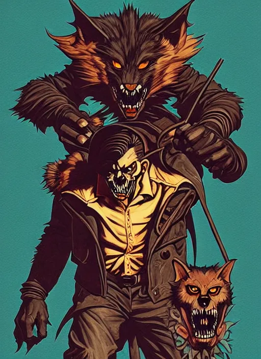 Prompt: concept art design illustration, halloween, werewolf, vampire, hunter, 1 6 colors, logo, ink drawing, art by jc leyendecker and sachin teng