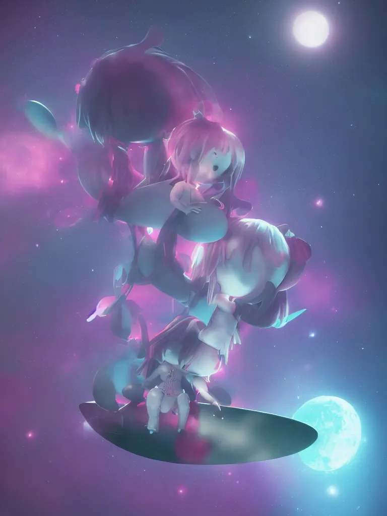 Image similar to cute fumo plush gothic maiden alien girl riding on a surfboard in the dark galactic abyss, hearts, vignette, vray