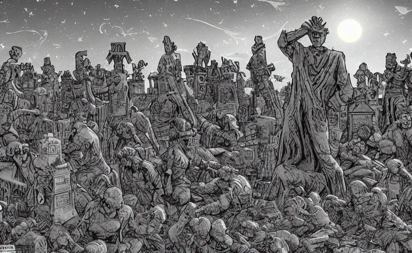 Prompt: weeping angels battle an army of robots in graveyard at night, by jim lee, moonlight, panoramic view, digital coloring