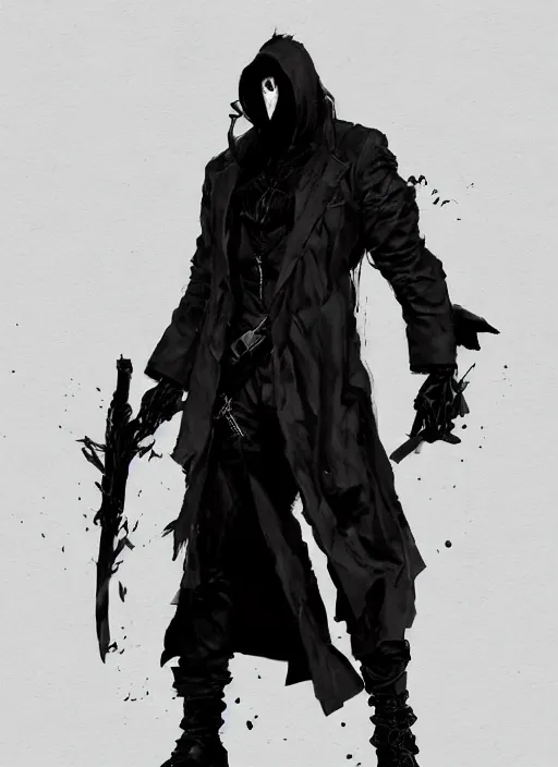 Prompt: evil deity, a man in black mask and black rugged long trench coat. in style of yoji shinkawa and hyung - tae kim, trending on artstation, dark fantasy, great composition, concept art, highly detailed, dynamic pose.
