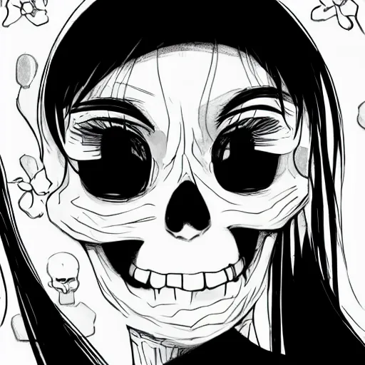 Image similar to manga fine details portrait of joyful skull girl skeleton. anime masterpiece by Studio Ghibli. 8k render, sharp high quality anime illustration in style of Steve Ditko, artstation