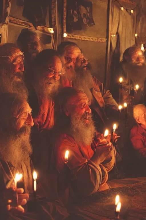 Image similar to a widescreen colorchrome photo of a cabinet full with old laughing happy old men with long hair, long beards, candle light, by steve mccurry