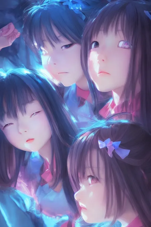 Prompt: 3d infrared octane render concept art by Mo Xiang Tong Xiu, by Igarashi Daisuke, by makoto shinkai, cute beauty cozy portrait anime schoolgirls under dark pink and blue tones, mirror room. light rays. water bellow. pretty realistic face. open eyes. dramatic light, trending on artstation, oil painting brush