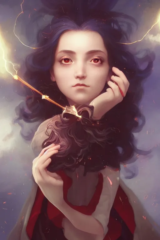 Image similar to a cute wizard girl conjuring a lightening ball, character art portrait, anime key visual, official media, illustrated by tom bagshaw, wlop, william bouguereau, extremely detailed, 8 k, trending on artstation, cinematic lighting, beautiful