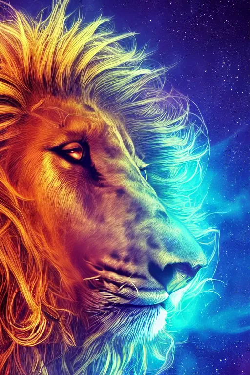 Prompt: a very high ultrarealistic hyper detailed photo of an psychedelic futuristic lion humanoid with dreadlocks in the cosmos