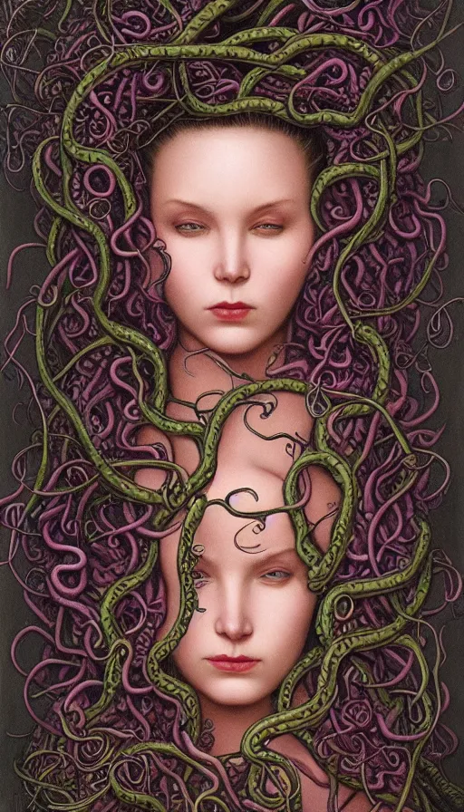 Prompt: very detailed portrait of a 2 0 years old girl surrounded by tentacles, the youg woman visage is blooming from fractal and vines, by gerald brom,