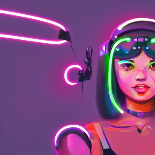 Image similar to portrait of a cute young woman with robot ears and eyes, 4k, sharp focus, neon colored fluorescent lighting, Andreas Rocha