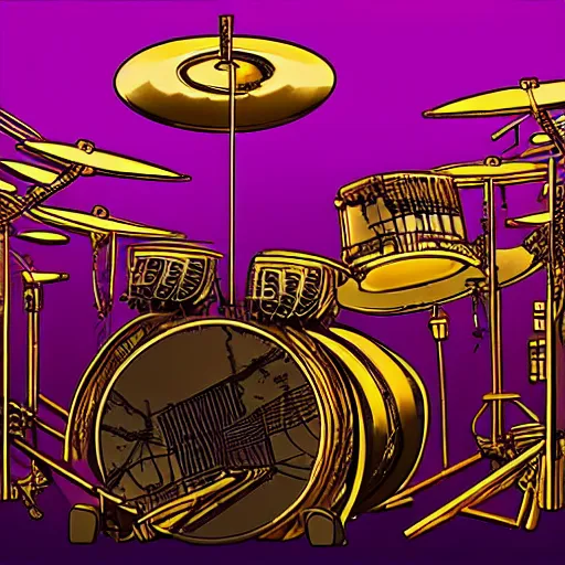 Image similar to huge robotic drumset on a stage with a golden shiny electric guitar amp, the drumset is futuristic steampunk style with gears and tubes, 8 k, fluorescent colors, halluzinogenic, multicolored, exaggerated detailed, unreal engine - h 7 6 8