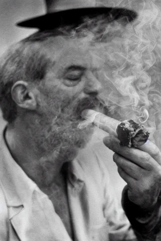 Prompt: a recent photograph of god smoking a cuban cigar by stanley kubrick