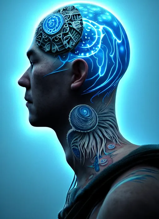 Image similar to 3 d shaman with tattoos profile portrait, sigma 5 0 0 mm f / 5. beautiful intricate highly detailed. bioluminescent, plasma, frost, water, wind, creature, gradient background, thunderstorm! artwork by tooth wu and wlop and beeple and greg rutkowski, 8 k trending on artstation,