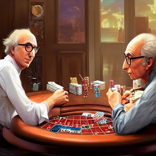 Prompt: larry david playing poker with woody allen, elegant, intricate, digital painting, artstation, concept art, smooth, sharp focus, illustration, art by artgerm and greg rutkowski and alphonse mucha