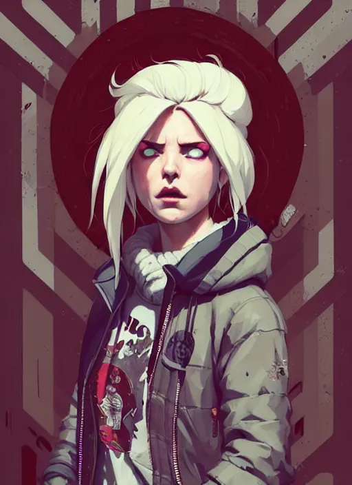 Image similar to highly detailed portrait of a sewer punk canadian lady, tartan hoody, white hair by atey ghailan, by greg rutkowski, by greg tocchini, by james gilleard, by joe fenton, by kaethe butcher, gradient red, brown, blonde cream and white color scheme, grunge aesthetic!!! ( ( graffiti tag wall background ) )