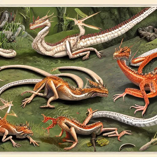 Image similar to an illustrated field guide to european dragons showing examples of males and females of each spicies, biological illustrations, art by john james audubon robert stebbins and terryl whitlatch and david sibley and charles darwin, highly detailed, intricately detailed, 8 k, trending on artstation