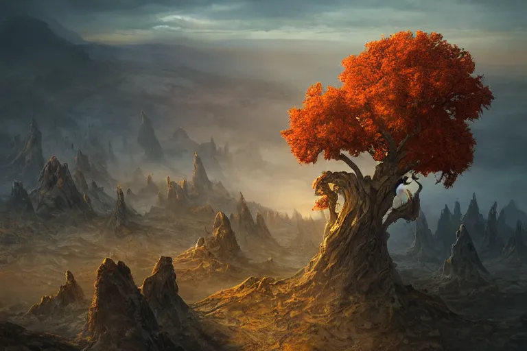 Image similar to high aerial shot, cinematic fantasy painting, dungeons and dragons, barren dry land, desert valley of bones, a single autumn maple bonsai, with sunset lighting ominous shadows by jessica rossier and brian froud