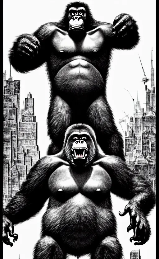 Image similar to king kong, extremely detailed, bold line art, by vincent di fate and joe fenton, inking, etching, screen print, masterpiece, trending on artstation, sharp, high contrast, hyper realistic, hd, 4 k, 8 k