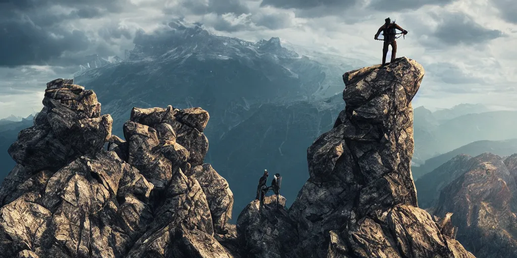 Prompt: the top of a mountain, a man standing in the background and preparing to climb, epic composition, epic lighting, detailed and intricate image, cinematic, 4K