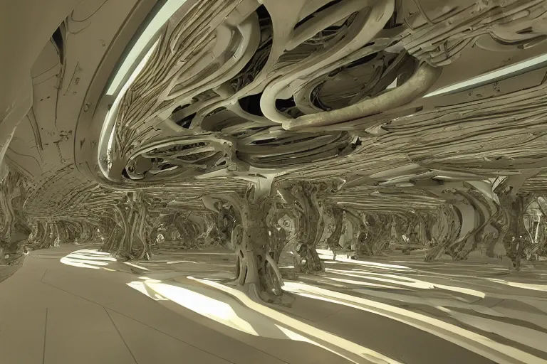 Image similar to The pristine halls of an organic alien spacecraft, biomechanical structures, subsurface scattering