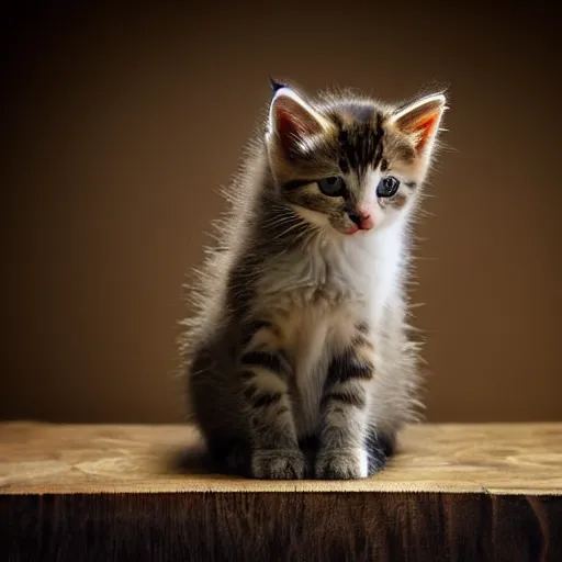 Prompt: award winning photograph of a kitten sitting on a table