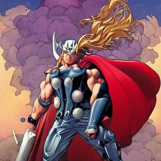Prompt: thor perfect coloring, low saturation, epic composition, masterpiece, bold complimentary colors. stunning masterfully illustrated by artgerm, range murata, alphonse mucha, katsuhiro otomo