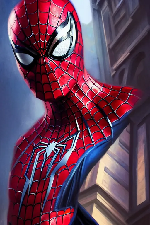 Image similar to elon musk in spider man suit, marvel character, realistic portrait, symmetrical, highly detailed, digital painting, artstation, concept art, smooth, sharp focus, illustration, cinematic lighting, art by artgerm and greg rutkowski and alphonse mucha