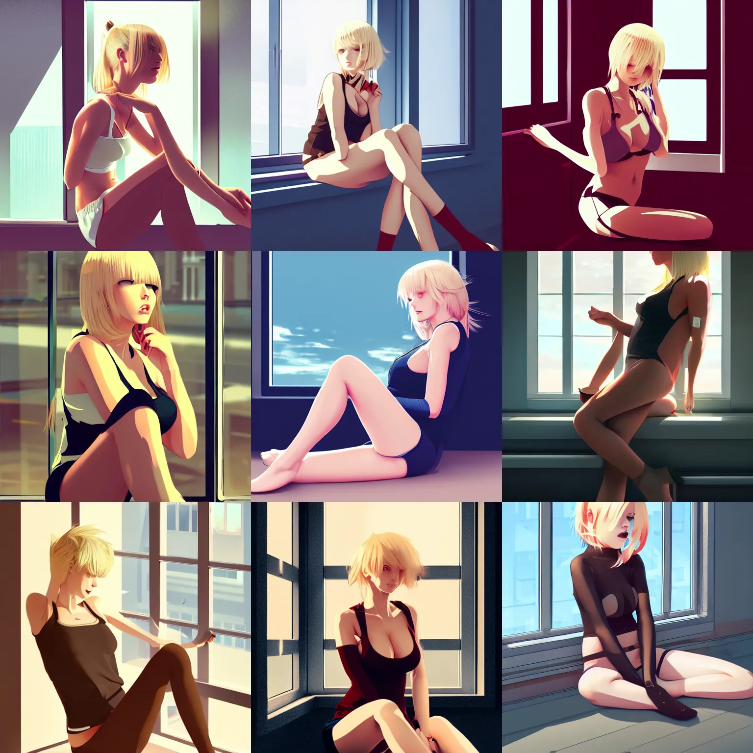 Prompt: sexy woman with blonde hair, sitting on the floor leaning against the window, wearing kneesocks, wearing tanktop, light brown hair, in the style of ilya kuvshinov, high quality digital art