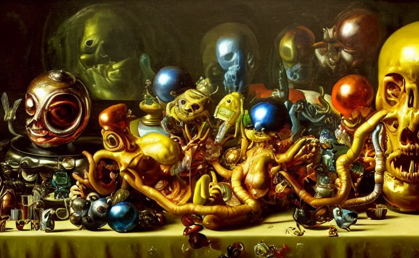 Image similar to disturbing colorful oil painting dutch golden age vanitas still life with bizarre recursive humanoid faces strange objects shiny gooey surfaces shiny metal bizarre insects rachel ruysch dali todd schorr very detailed perfect composition rule of thirds masterpiece canon 5 0 mm, cinematic lighting, chiaroscuro