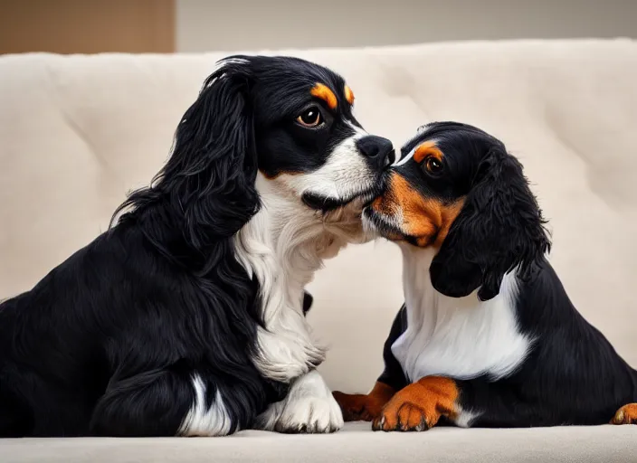 Prompt: photo realistic picture 5 0 mm of a black king charles cavalier sitting next to a brown dash hound, they are both looking at each other lovingly