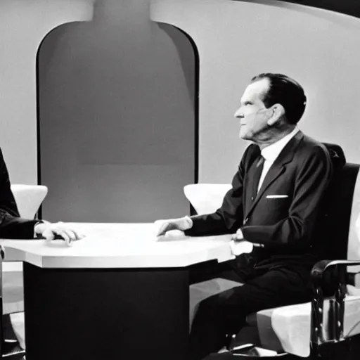 Image similar to presidential debate between waluigi and richard nixon, 1 9 6 0, still, photograph, photo, black and white