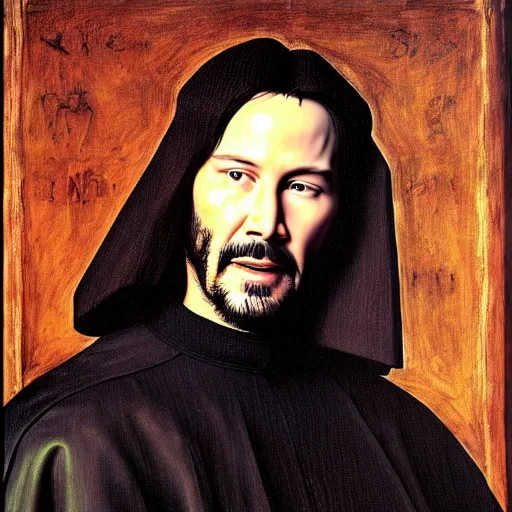 Image similar to portrait of keanu reeves, oil painting by jan van eyck, northern renaissance art, oil on canvas, wet - on - wet technique, realistic, expressive emotions, intricate textures, illusionistic detail