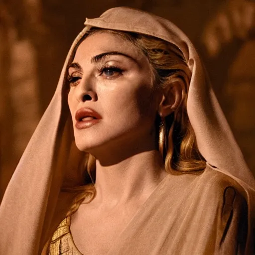 Image similar to stunning awe inspiring madonna as the female jesus christ, movie still 8 k hdr atmospheric lighting