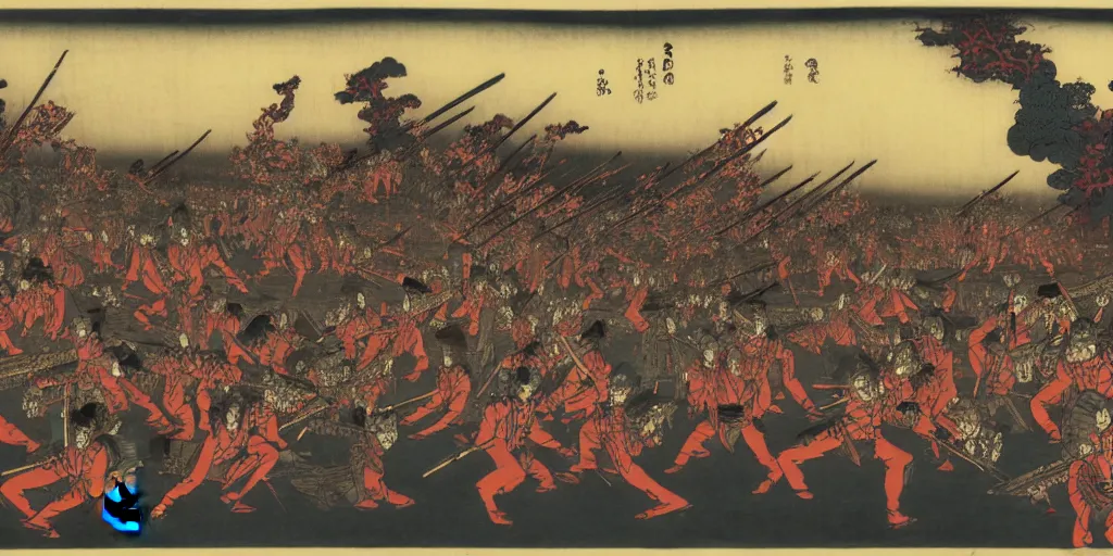 Image similar to an army of undead, at dusk, by Utagawa Kuniyoshi, dramatic lighting, high contrast colors, panoramic view, as trending on Artstation,