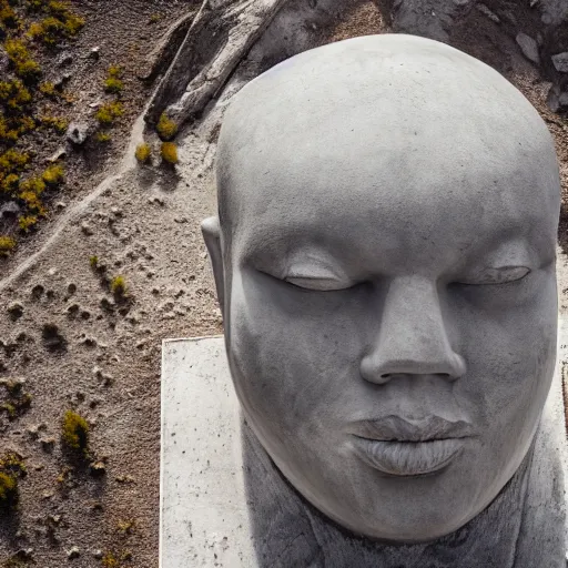 Prompt: gigantic weird concrete head bust in a mountain, aerial view shot from the sky, realistic, by origiful, 4 k