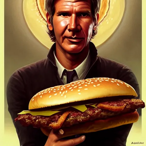 Prompt: portrait of Harrison Ford eating a giant hamburger , extra onions and ketchup, luscious patty with sesame seeds, feminine ethereal, handsome, D&D, fantasy, intricate, elegant, highly detailed, digital painting, artstation, concept art, matte, sharp focus, illustration, art by Artgerm and Greg Rutkowski and Alphonse Mucha