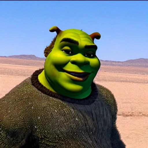 Prompt: shrek jumps out of a military aircraft in camo uniform into the desert with a parachute