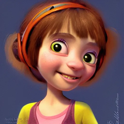 Image similar to Pixar-style character design of a young girl with big eyes and an adventurous spirit, by Ross Draws and Andrea Pozzo