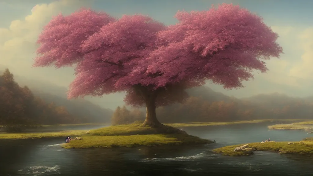 Image similar to a beautiful landscape matte painting of cherry trees with petals flying in the sky, beside a river, by christophe vacher, trending on artstation