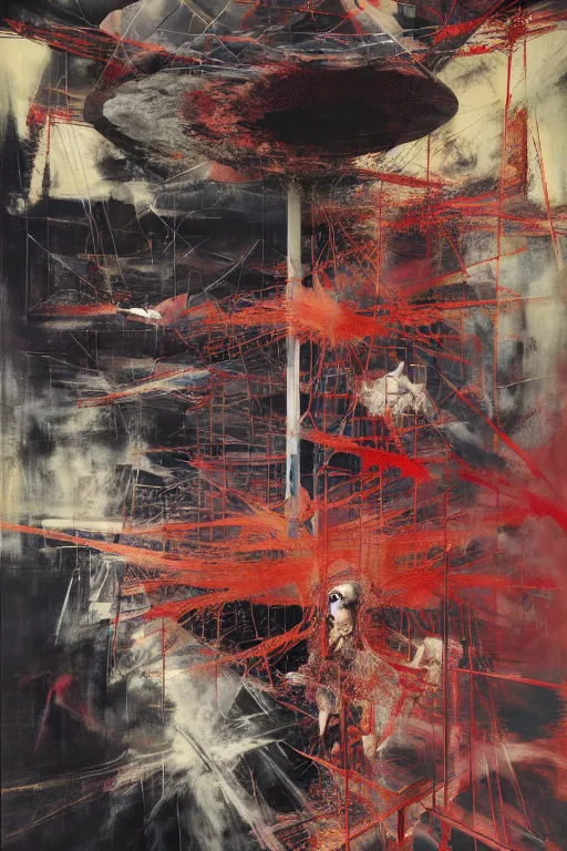 Image similar to the physical impossibility of death, in a brutalist designed space ship, rich deep colours, painted by francis bacon, adrian ghenie, james jean and petra cortright, part by gerhard richter, part by takato yamamoto. 8 k masterpiece