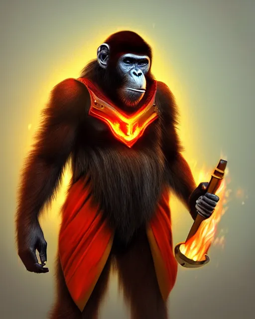 Image similar to fury art, an anthro ape monkey wearing a large cape and a fantasy armor, fire, fiery background, 3 d, 8 k, extremely detailed, trending on furaffinity, trending on artstation, award winning, sharp focus, illustration