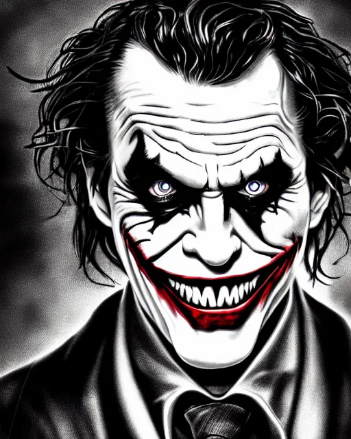 Image similar to the joker 8 k, concept art, extremely detailed, black and white, art by h. r. geiger