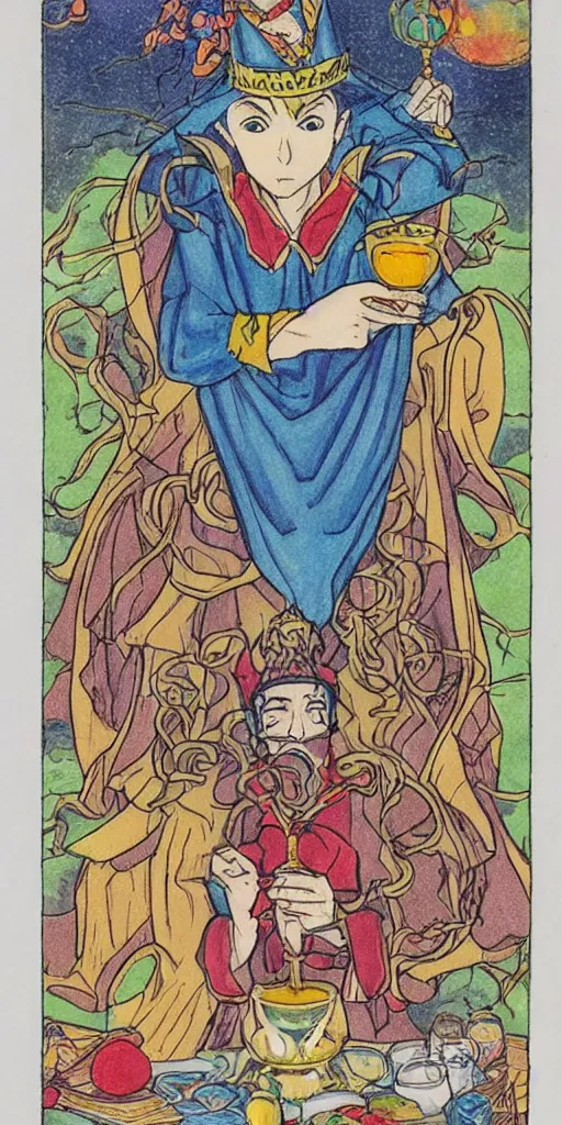 Prompt: a mystical man with a goblet on the table, wizard hat, drawn by Naoko Takeuchi, impressive line work, tarot card. tarot card the magician,