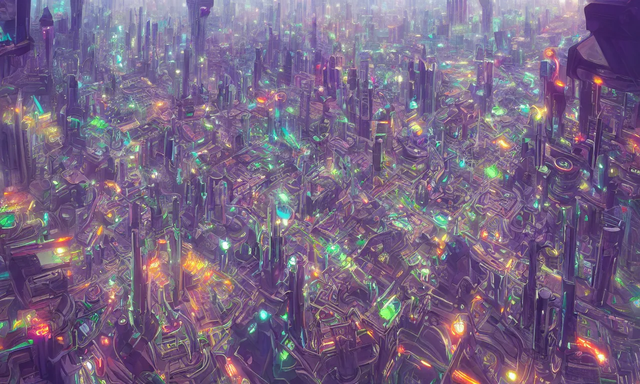 Image similar to futuristic city, illustration painting, oil on canvas, intricate, portrait, detailed illustration, hd, digital art, overdetailed art, concept art, complementing colors, detailed, illustration painting by alex gray, digital art, overdetailed art, concept art, complementing colors rendered by beeple, syd meade