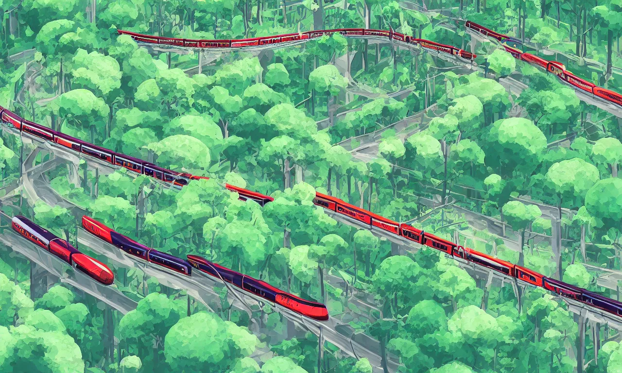 Image similar to fairy tale of a bullet train riding forested blobs, digital art, 3d, illustration