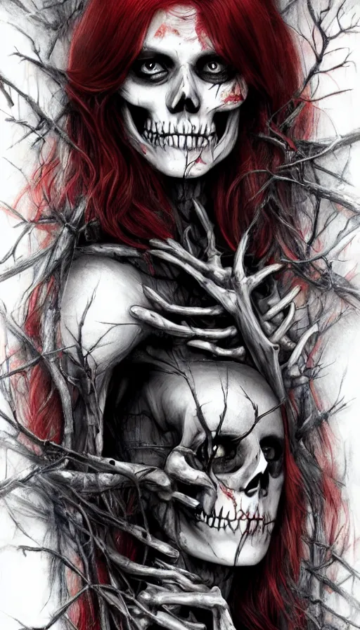 Prompt: photo woman skeleton body!!, in a dark forest, black bones!!, covered with blood, alexandra daddario face!!, long red hair, black heavy eyeliner, blue eyes, realistic, sharp focus, 8 k high definition, insanely detailed, intricate, elegant, art by stanley lau and artgerm, luis royo, greg kutkowski