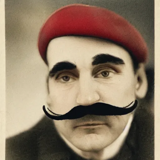 Image similar to photo of a dark haired man with long face, dark brown eyes and eyelashes, moustache, long nose, stubble wearing red newsboy cap like mario