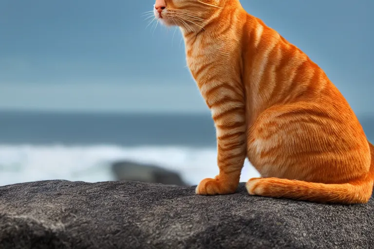 Image similar to orange tabby cat sitting on a rock facing towards ocean, image taken from afar, realistic lighting, highly detailed, rule of thirds, by charles angrand