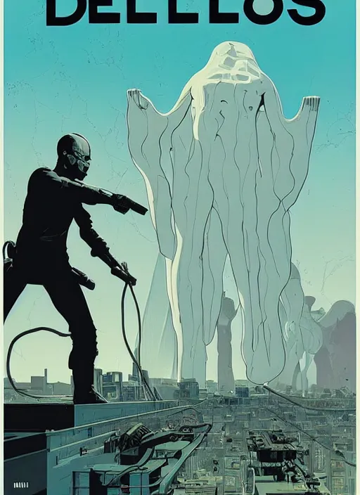 Image similar to poster artwork by Michael Whelan and Tomer Hanuka, of Delos Incorporated, clean